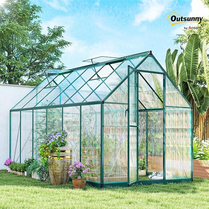 Outsunny 11x6 ft Polycarbonate Greenhouse with Swing Door and Two Adjustable Roof Vents Aluminum Walk-in Greenhouse Outdoor Greenhouse for Patio Garden Backyard Dark Green