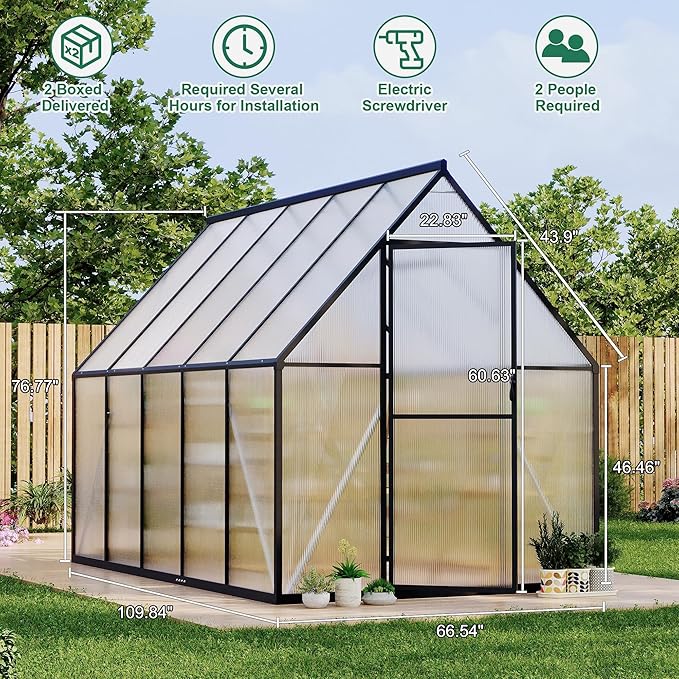 6x9 ft Greenhouse Aluminum-Framed Greenhouse for Outdoors Large Walk-in Green House with Quick Setup Structure and Roof Vent for Outside Garden Backyard Patio Lawn Silver