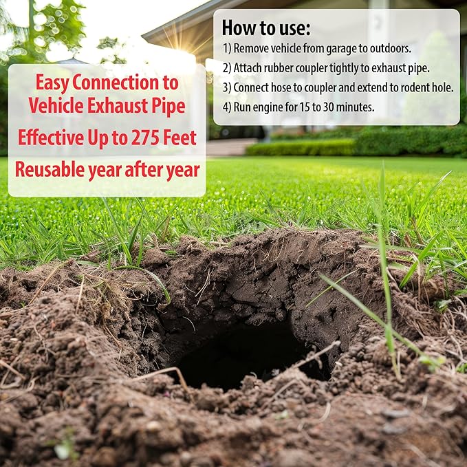 Underground Exterminator Pest Control Reusable Exhaust Pipe Attachment- Exterminates Gophers Moles Skunks Voles and All Outdoor Underground Pests Humanely with Exhaust from Cars