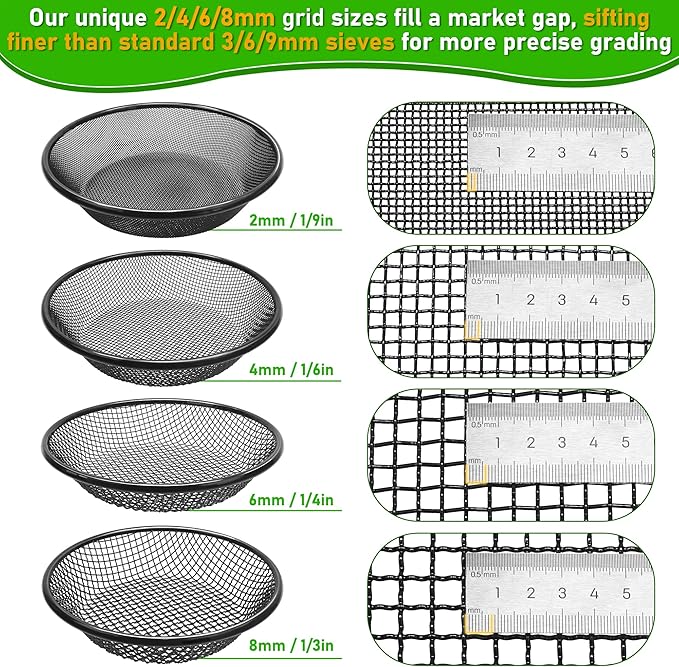 4Pcs 11.8 W Soil Sifter for Gardening 2468mm Grid Rock Sifter for 5 Gallon Bucket Stainless Steel Fine Dirt Sifter Compost Sifter for Capturing Dirt Sand Rocks and Filtering Compost (Black)