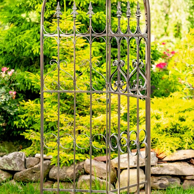 Zaer Ltd. Metal Garden Arch Trellis 7.7ft Tall Three-Panel Design with Fleur-de-lis 25 x 25 x 92.5 inches (Antique Bronze)