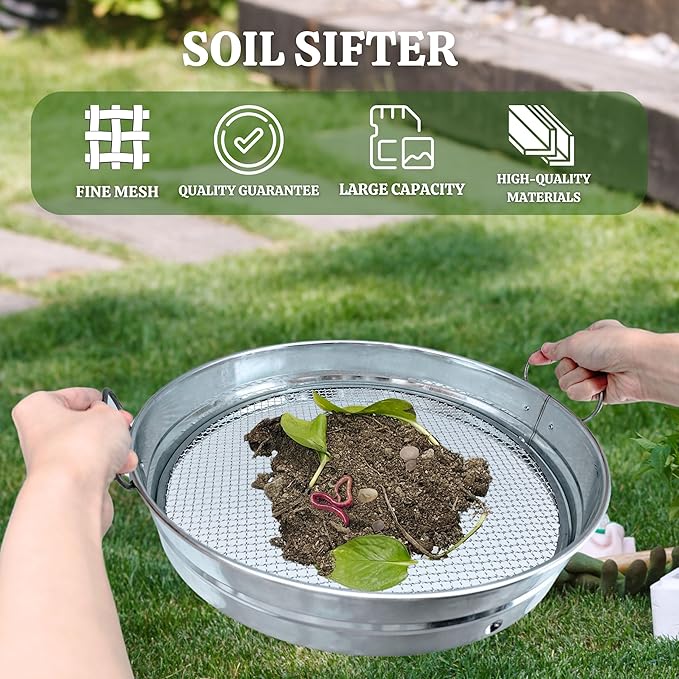 14.5“ Soil Sifter for Gardening with Handles Large Rock Sifter with 4 Replaceable ScreensCompost Sifter Dirt Sifter Captures Dirt Rocks Sawdust