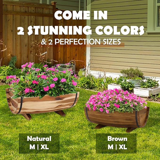 Solid Acacia Wood Half Barrel Planters Outdoor Set of 2 Different Sizes Wooden Planters for Outdoor Plants with Metal Bands &amp Drainage Holes Legs Included Natural