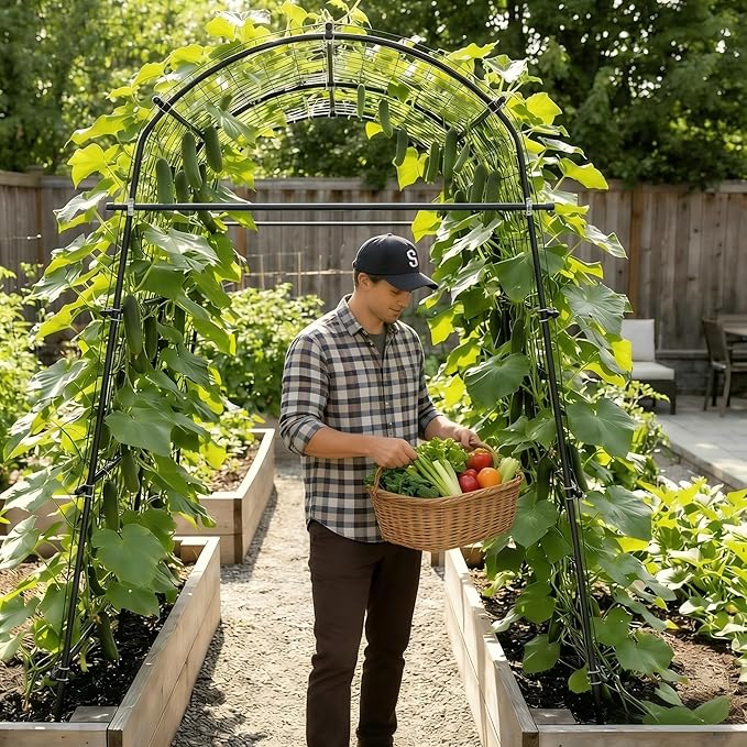 7Ft Adjustable Garden Arch Trellis for Climbing Plants Outdoor Heavy Duty Rustproof Stainless Steel Cucumber Trellis for Raised Beds Tall Metal Plant Support for Tomato Squash Beans Flowers