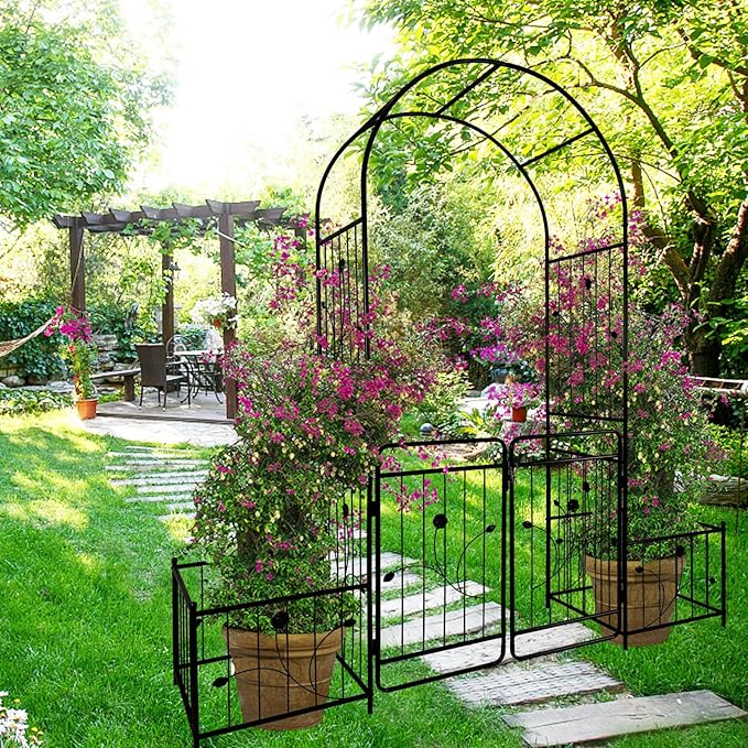 Metal Garden Arch with Double Gate 79.5 Wide x 86.6 High Black Outdoor Rose Trellis Climbing Plants Support Arbor with Side Planter Stands