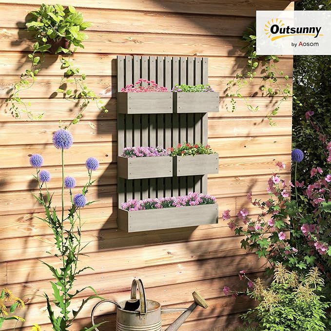 Outsunny 5 Box Raised Garden Bed with Trellis for Vine Flowers &amp Climbing Plants 39 Tall Wall-Mounted Wood Planter Box Set with Adjustable Height Drainage Hole Gray