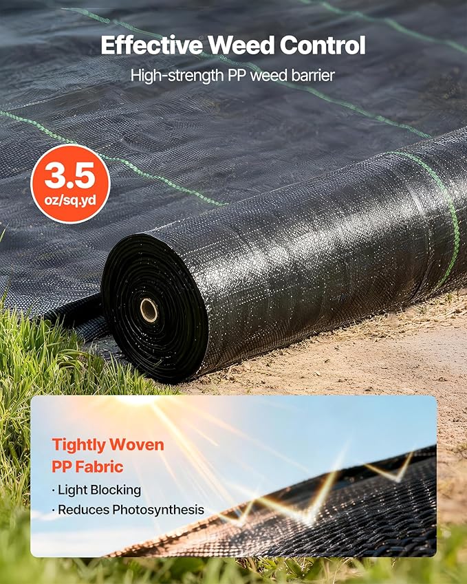 VEVOR Weed Barrier Fabric Heavy Duty 13x115FT 3.5oz Landscape Fabric Woven Weed Blocker Fabrics Garden Fabrics Weeds Barrier Weeds Control Ground Cover Geotextile Webbing Gardening Mat Black