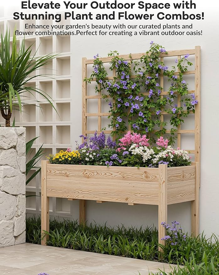 Raised Garden Bed with Trellis Elevated Planter Box with Legs For Backyard Patio Balcony w/Bed Liner Wood Standing Planter Stand for Climbing Plants Flowers Vegetables Herbs 46 in x23 in x65 in