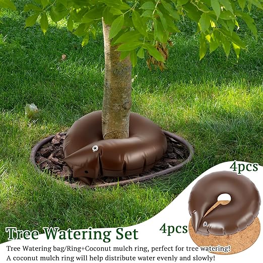 4 Set Tree Watering Ring 20gal Watering Bags with Coconut Fiber Mulch Ring – Deep Root and Slow Release Automatic Drip Irrigation System for New Trees Multi-Trunk Trees and Shrubs