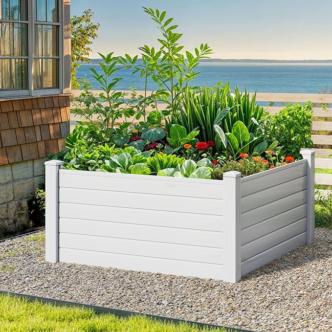 DWVO 4 x 4 x 2 FT Raised Garden Bed Outdoor Vinyl Flower Bed with Growth Grid Large Plastic Planter Box for Vegetables Flowers Herbs Fruits White