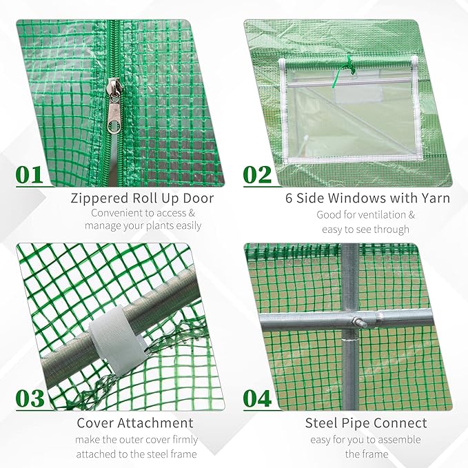 【LuckyNote】 15' x 6' x 7' Walk-in Tunnel Greenhouse Garden Plant Growing House with Door and Ventilation Window Green