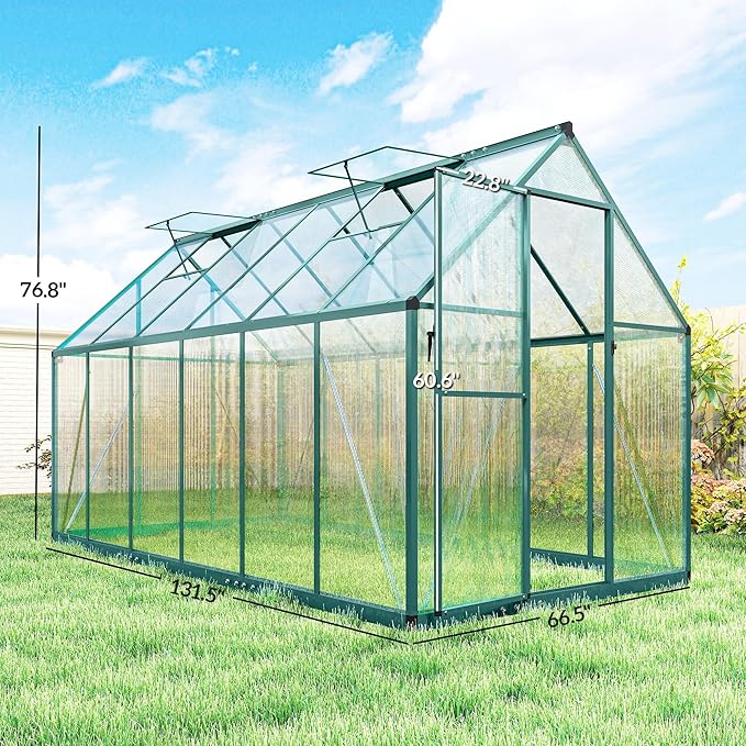 Outsunny 11x6 ft Polycarbonate Greenhouse with Swing Door and Two Adjustable Roof Vents Aluminum Walk-in Greenhouse Outdoor Greenhouse for Patio Garden Backyard Dark Green