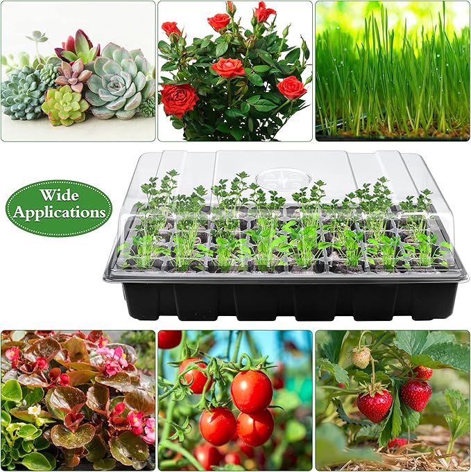 3 Pack Seed Starter Tray Kit 120-Cells Germination Starter Tray with Humidity Dome and Base Including 120 Peat Pellets Plant Labels Tool Plastic Plant Growing Tray for Garden Planting Black