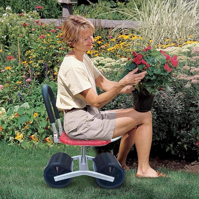 Garden Cart with Seat | Rotating Garden Stools for Gardening Adjustable Height Chair Scooter Steering Handle Gardening Seats for Seniors