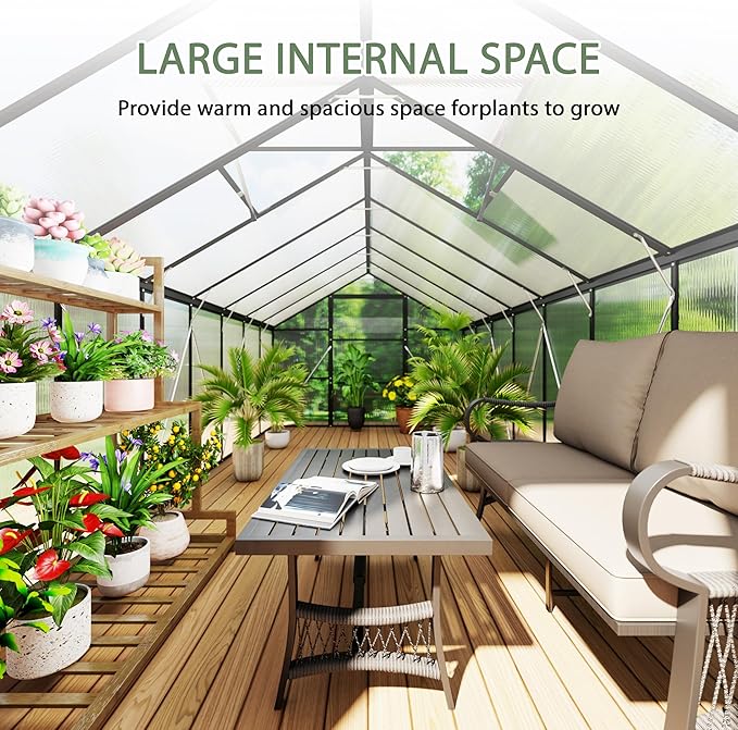 8 x 10 FT Outdoor Greenhouse Heavy-Duty Polycarbonate Greenhouse with Aluminum Frame Lockable Door Adjustable Roof Vent Walk-in Green House for Backyard Garden Patio