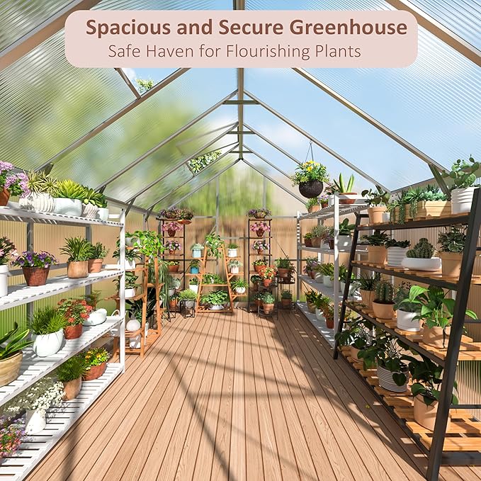 8×12 FT Walk-in Greenhouse for Outdoors Polycarbonate Greenhouse Kit with Roof Vent Large Heavy Duty Green Houses for Outside Backyard Patio Garden Sliver