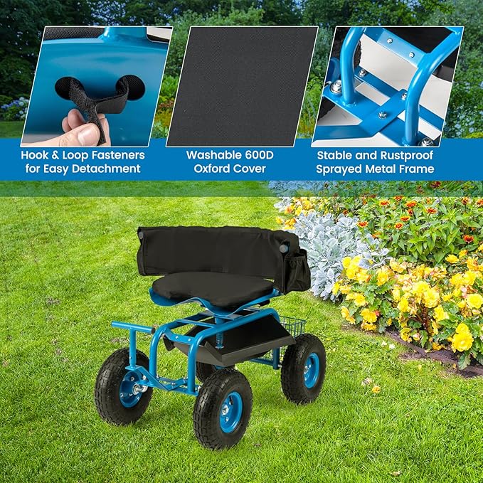 Garden Cart on Wheels 360° Swivel Rolling Outdoor Workseat with Washable Cushion &amp Dual Handles Height Adjustable Garden Stool for Patio Yard (Blue)