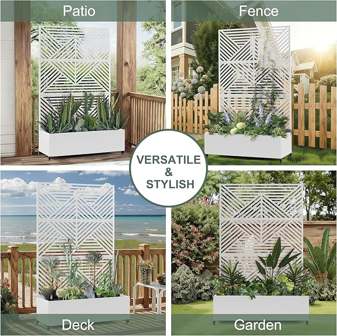 Standing Metal Planter Box with Trellis and Wheels for Climbing Plants Raised Garden Beds with Drainage Holes 47 L×16 W×71 H Privacy Boxes with Trellis (White Zodiac)