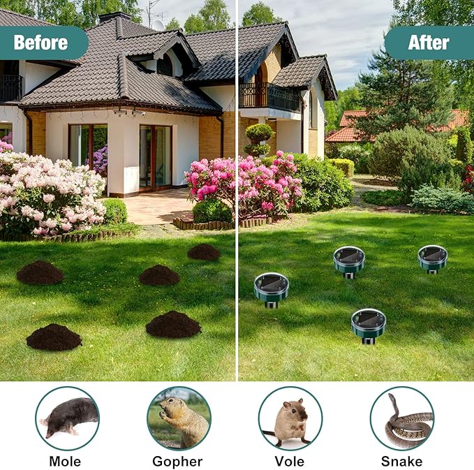 28 Pieces Solar Mole Repellent Ultrasonic Outdoor Gopher Deterrent Spikes for Garden Yard Lawn Waterproof Solar Powered Repeller for Groundhogs Voles Snakes and Other Burrowing Animals (Round)