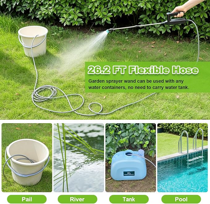 Battery Powered Sprayer Wand 32 Inch Garden Sprayer Telescopic Wand with 3 Adjustable Speeds Battery Indicator 26.2 FT Hose 7.4V Rechargeable Water Sprayer Wand with 4 Adjustable Nozzles &amp Fil