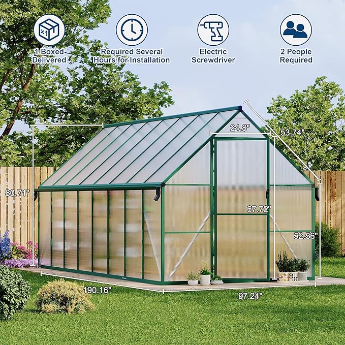 8X16 ft Polycarbonate Greenhouse with Aluminum Frame Polycarbonate Greenhouse for Outdoors Greenhouses with Ventilation and Rain Gutter Aluminum Large Walk-in Greenhouses for Outside