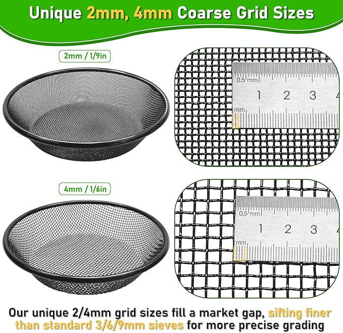 2Pcs 11.8 W Soil Sifter for Gardening 2 4mm Grid Rock Sifter for 5 Gallon Bucket Stainless Steel Fine Dirt Sifter Compost Sifter for Capturing Dirt Sand Rocks and Filtering Compost (Black)