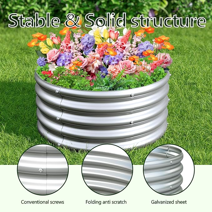 2PCS 2x2x1ft Galvanized Raised Garden Bed Kit-Round Garden Bed Outdoor Planter Box for VegetablesFlowersHerbsEasy AssemblySilver