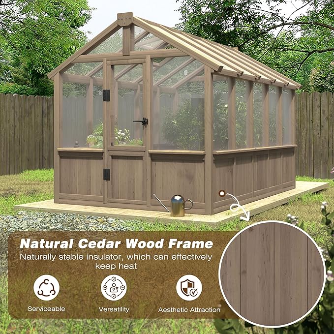 VEIKOU 6' x10' Wood Greenhouse for Outdoors with Lockable Door Cedar Frame &amp Adjustable Vent Wooden Green House with 6MM Thick Polycarbonate Panel for Garden Yard Light Brown Mocha