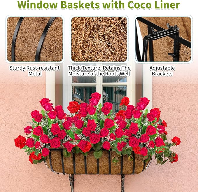 Tessco for you 4 Pieces Railing Planter Boxes 30 Inches Window Box Planters with Coco Liner and Adjustable Brackets for Deck Porch Fence Patio Balcony Gardening Outdoor Plants