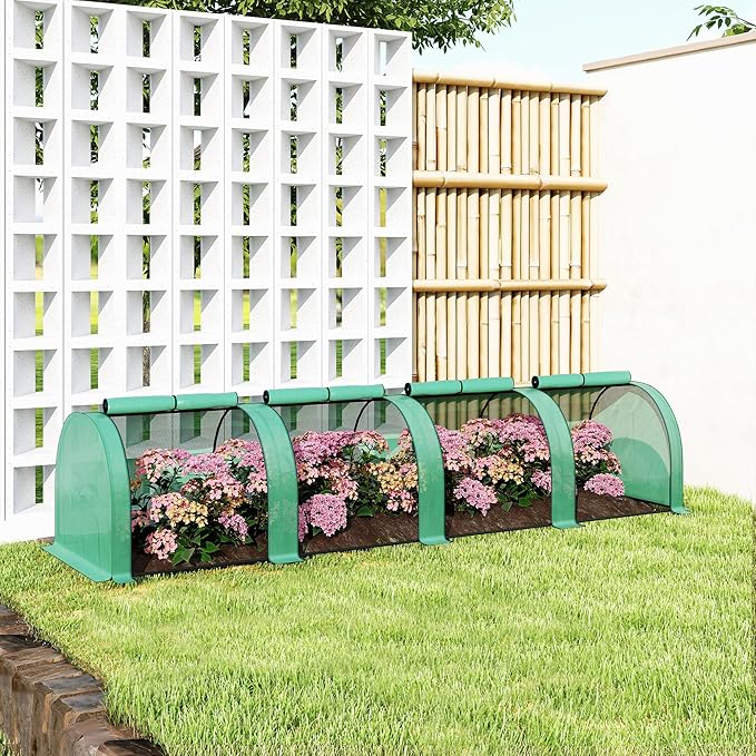 Outsunny 13' x 3' x 2.5' Mini Greenhouse Portable Tunnel Green House with Roll-Up Zippered Doors UV Waterproof PE Cover Steel Frame Green