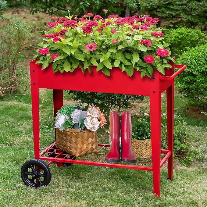 MFSTUDIO Outdoor Raised Elevated Garden Planter Box with Legs Patio Standing Planter Bed Cart on Wheels for Gardening Vegetables Flower Herb Red