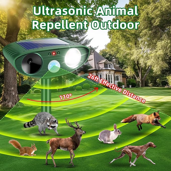 2026 Upgraded Cat Repellent Outdoor Ultrasonic with Strobe Light Deer Squirrel Skunk Repellent for YardMotion Activated Animal Deterrent Devices- Keep Dogs Raccoons Rabbits Away from Garden Farm