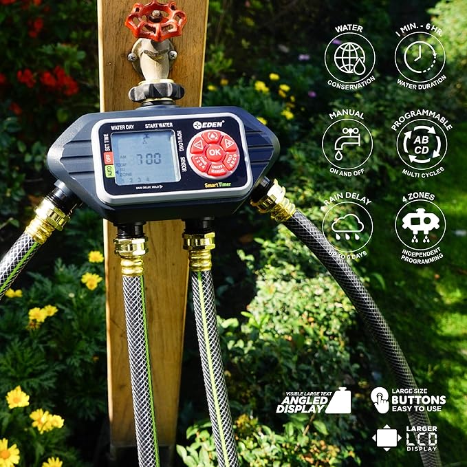 Eden 93413 Programmable Digital Water Timer 4-Zone Compatible with Wireless Soil Moisture Sensor