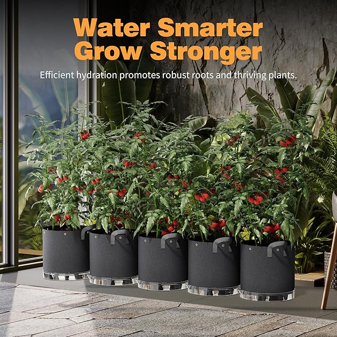 Self-Watering Grow Bags 5-Pack 5 Gallon 420G Thick Nonwoven Fabric Pots with Reinforced Handles and Multi-Purpose Rings for Low Stress Plant Training Fruits Vegetablesand Flowers