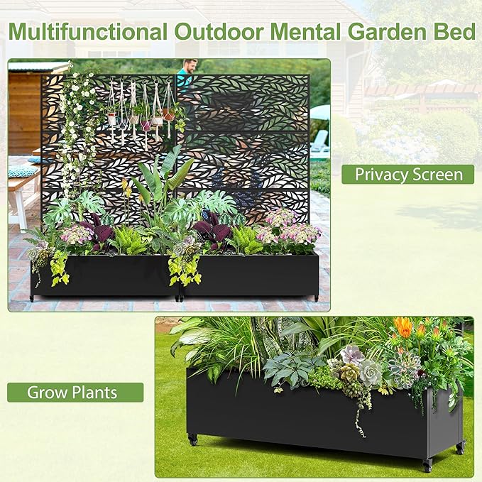 Raised Garden Bed with Trellis and Wheels73x47x16 Metal Raised Garden BedBlack Flowing Leaf Metal Planter with Climbing Trellis for Vines &amp Vegetables