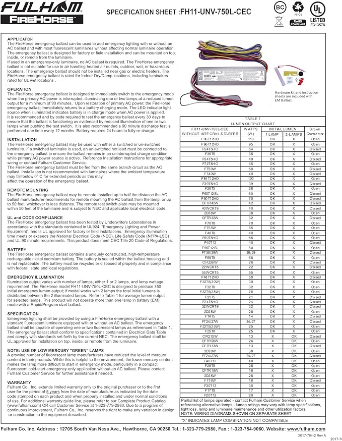 Fulham FH11-UNV-750L-CEC FireHorse 11 - Emergency Ballast - Universal Voltage - 750 Initial Lumen Output White