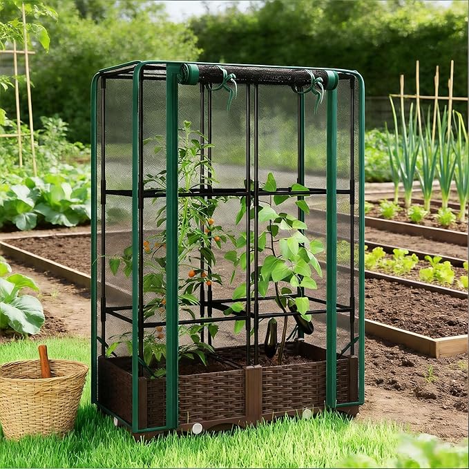 Modular Crop Cage &amp Raised Bed Combo Quick-Assemble Gardening System for Patio or Yard - Removable Cover Adjustable Height Plant Cage for Seasonal Use on a Versatile Garden Box (Green)