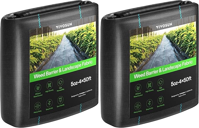 VIVOSUN Premium Weed Barrier Landscape Fabric Heavy Duty 4ftx50ft 5oz Double-Layered Weed Control Mat with High Permeability Commercial Ground Cover Easy Set up &amp Superior Weed Control (Pack of