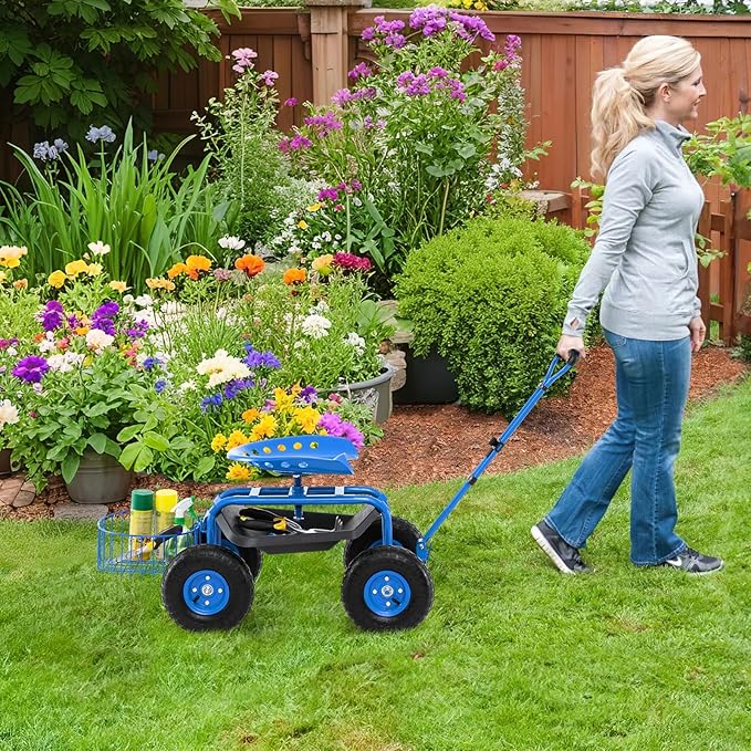 Garden Seat with Wheels Rolling Stool with Extendable Handle Storage Basket &amp Tool Tray Garden Scooter with 360 Degree Swivel Seat for Outdoor &amp Yard (Blue)