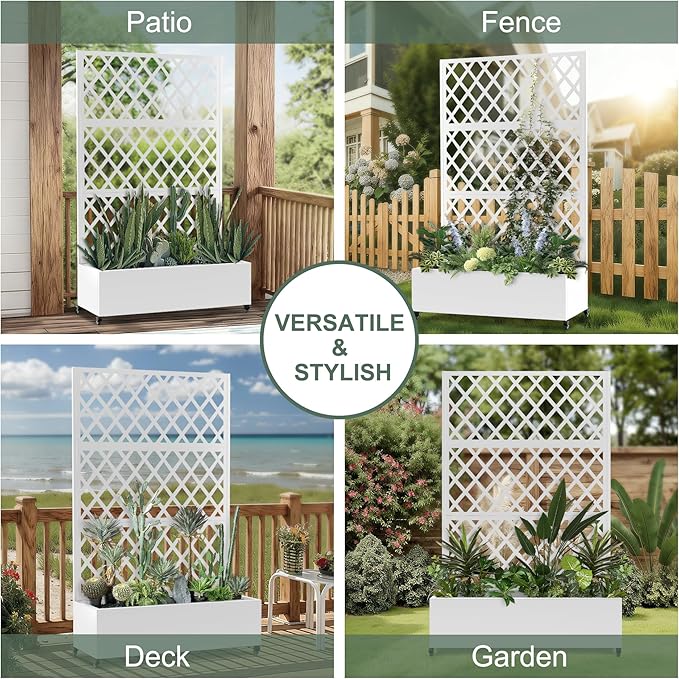 Metal Large Planter Box with Trellis for Climbing Plants Vegetables Raised Garden Bed with Privacy Screen 47L×16W×71H Garden Boxes with Wheels &amp Drainage Hole (White Diamond Lattice)