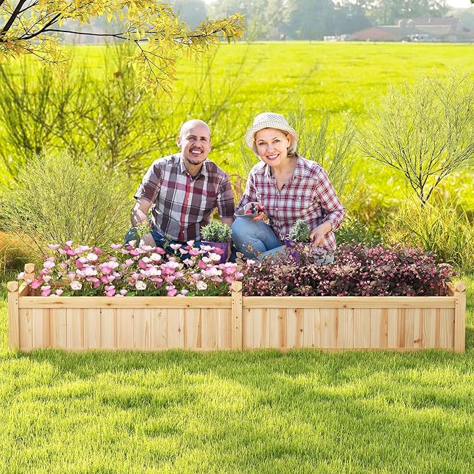 Giantex Wood Raised Garden Bed Planting Bed with Corner Drainage Non-Woven Liner for Growing Vegetables Flowers Herbs Fruits 89”x23.5”x16” Divisible Planter Box for Backyard Garden Lawn
