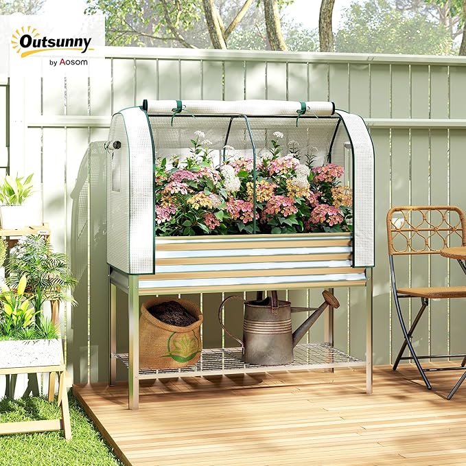 Outsunny Galvanised Raised Garden Bed with Greenhouse Cover Metal Elevated Garden Bed with Legs Bed Liner and Bottom Shelf Outdoor Raised Planter Box for Vegetables Herbs Flowers Silver