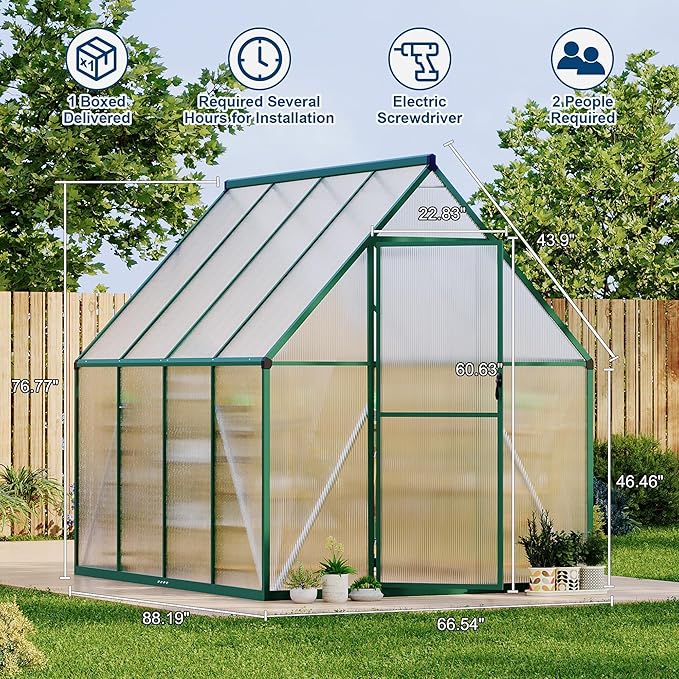 6x7 ft Heavy Duty Polycarbonate Walk-in Greenhouse with Reinforced Aluminum Frame Adjustable Roof Vent and UV Protection Panels for Outdoor Backyard Gardening and Year-Round Plant Care