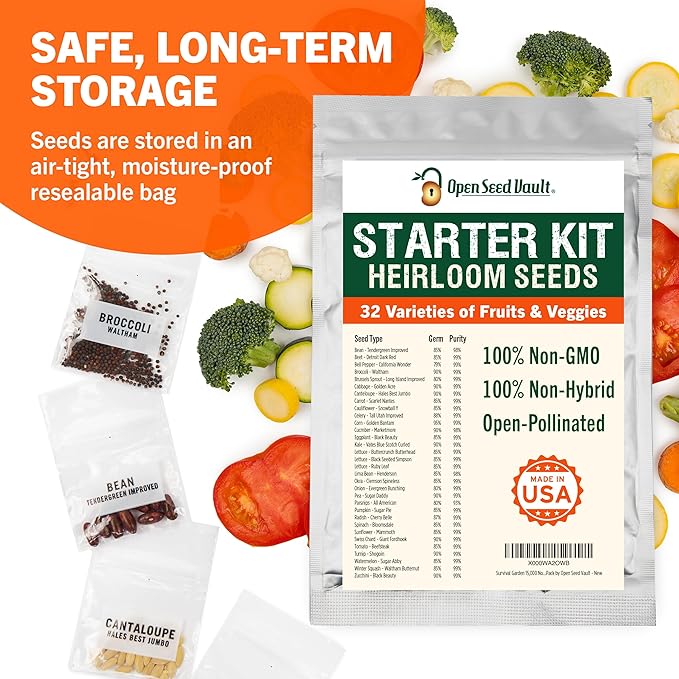 Open Seed Vault |15000 Heirloom Seeds | 32 Seed Types | Survival Seeds | 2026 Season | Non GMO Vegetable and Fruit Seeds | Planting Outdoor &amp Indoor Garden