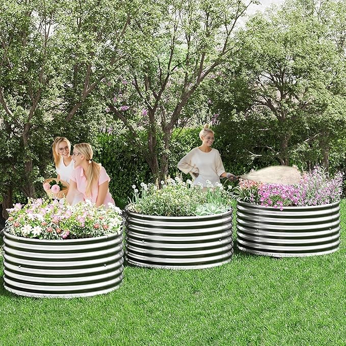 5 Pack 3x3FT Round Corrugated Galvanized Steel Raised Garden Bed Outdoor Metal Above Ground Garden Bed for Vegetables and Flowers Raised Beds for Gardening-3x3FTx10Inch