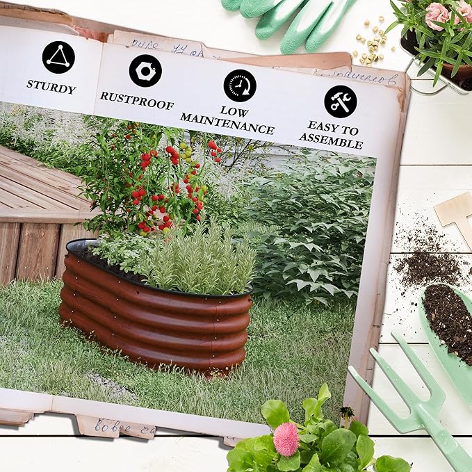 3.5' x 2' x 1.4' Galvanized Raised Garden Bed Kit Outdoor Metal Elevated Planter Box with Safety Edging Easy DIY Stock Tank for Growing Flowers Herbs Vegetables Brown