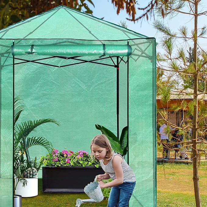 PexFix 8'x 8' Portable Walk-in Greenhouse Easy Setup Indoor/Outdoor 2 Roll-Up Mesh Windows Roll-Up Zipper Door Green