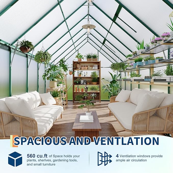 8X16 ft Polycarbonate Greenhouse with Aluminum Frame Polycarbonate Greenhouse for Outdoors Greenhouses with Ventilation and Rain Gutter Aluminum Large Walk-in Greenhouses for Outside
