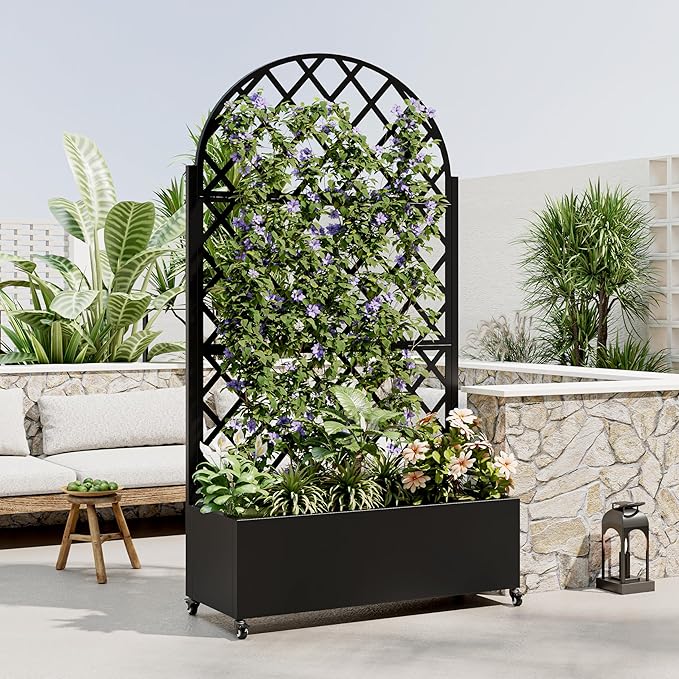 Raised Garden Bed with Trellis Metal Planter Box with Privacy Screen and Drainage Holes Planter Boxes Outdoor with 4 Wheels for Climbing Plants Vegetables Vines (Round)