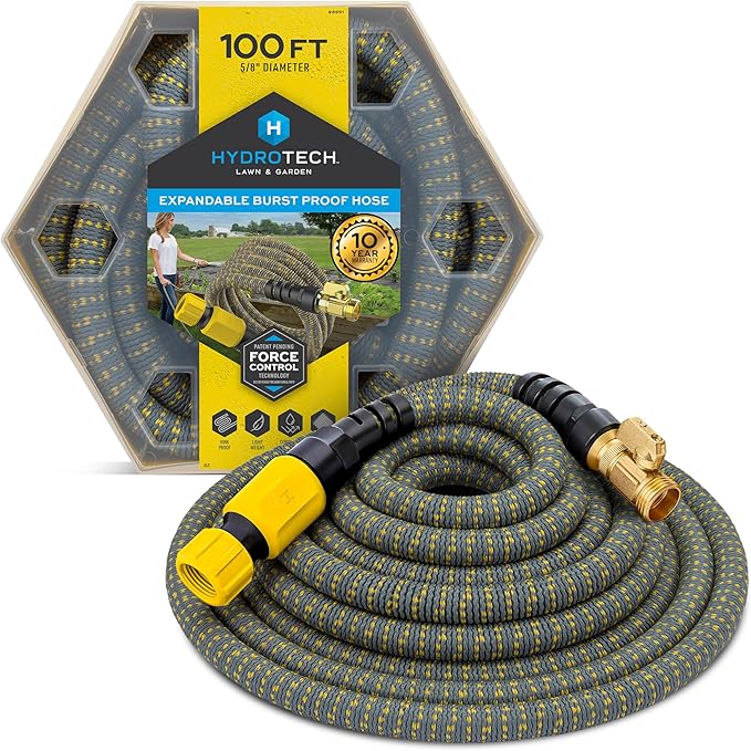 HydroTech 100 ft Expandable Garden Hose with Patented Force Control Technology - 5/8 No-Kink Flexibility Lightweight Hose for Lawn Garden Car Washing Deck and Patio Cleaning
